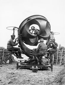 Sound location equipment in Germany, 1939. It consists of four acoustic horns, a horizontal pair and a vertical pair, connected by rubber tubes to stethoscope-type earphones worn by the two technicians left and right. The stereo earphones enabled one technician to determine the direction and the other the elevation of the aircraft. Bundesarchiv Bild 183-E12007, Horchgerat der Flak bei Berlin.jpg