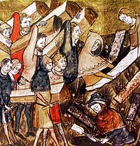 Burying coffins of Black Death victims in Tournai. Burying Plague Victims of Tournai.jpg