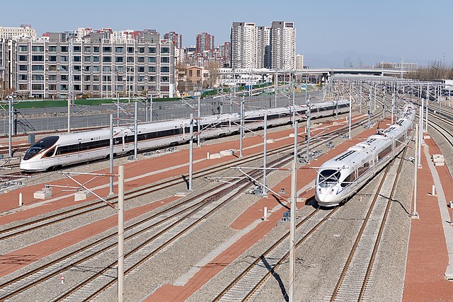 High-speed trains operated by China Railway at Beijing Chaoyang railway station; China has the most extensive high-speed rail network in the world.
