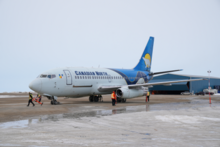 Canadian North Boeing 737 at Cambridge Bay Airport, Nunavut. The aircraft is still registered to Bradley Air Services but no longer in operation. Canadian North 737-200 C-GDPA in Cambridge Bay, Nunavut (Quintin Soloviev).png