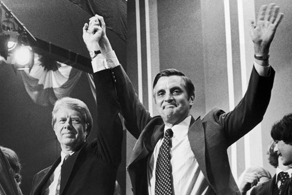 Mondale and former President Jimmy Carter celebrate Mondale's March 13th successes in the 1984 primaries. Minneapolis, Minnesota.