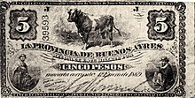 "Cinco pesos" moneda corriente banknote, issued 1869 Cinco pesos moneda corriente.jpg