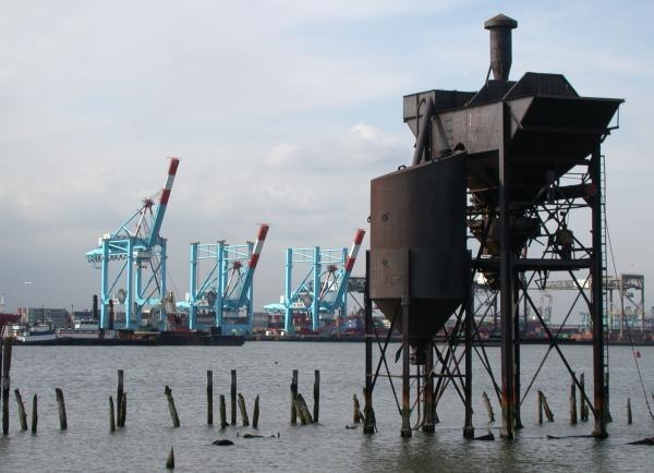 Container port facilities at Port Newark-Elizabeth Marine Terminal seen from Bayonne, New Jersey