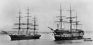 Cutty Sark and HMS Worcester as training ships, 1938 CuttySarkAndHMSWorcester.jpg