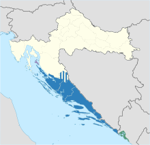 *   Dalmaçya olarak kabul edilen yer Bazen Dalmaçya tanımına giren bölge: *   Karadağ'daki Kotor Körfezi *   Rab adası ve çevresi * Çizgili alan: Gračac