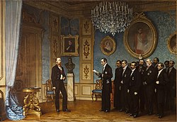 A deputation of members of the Mexican nobility, presenting the throne of the Mexican Empire to the future Maximilian I of Mexico in 1863. He was a descendant of prior Habsburg rulers of the Spanish Empire, the crown jewel being New Spain (Mexico). Dell'Acqua Ernennung Maximilians zum Kaiser Mexikos.jpg