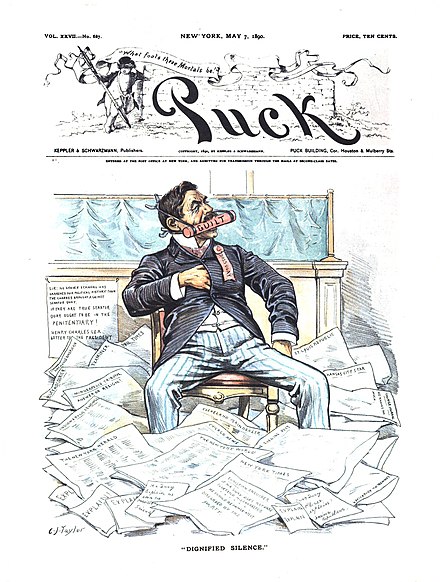 This 1890 Puck cover satirizes Quay's refusal to respond to the allegations.