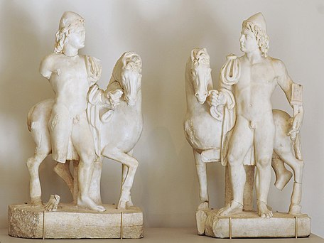 Pair of Roman statuettes from the third century AD depicting the Dioscuri as horsemen, with their characteristic skullcaps (Metropolitan Museum of Art, New York).