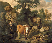 Landscape with Herdsman and Cattle near a Tomb label QS:Len,"Landscape with Herdsman and Cattle near a Tomb" label QS:Lpl,"Pejzaż z pastuchem i byłem koło grobowca" label QS:Lnl,"Landschap met herder en vee nabij een graftombe" 1670-1690. oil on canvas medium QS:P186,Q296955;P186,Q12321255,P518,Q861259 . 66.5 × 80 cm (26.1 × 31.4 in). Netherlands, Rijkscollectie.