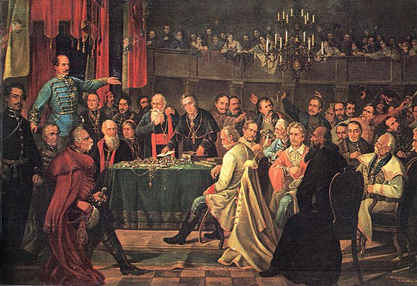 Ban Josip Jelačić at the opening of the first modern Croatian Parliament (Sabor), June 5, 1848. The tricolour flag can be seen in the background.