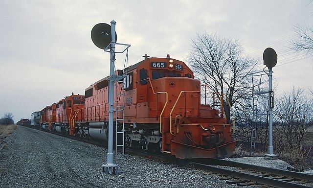 EJE 665, an EMD SD38-2, at West Chicago on December 14, 1987.