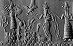Empreinte de sceau-cylindre représentant le dieu Ea avec les eaux jaillissant au-dessus de ses épaules, indiquant sa fonction de dieu des eaux douces souterraines.