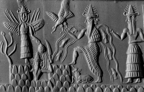 Akkadian cylinder seal from c. 2300 BCE or thereabouts depicting the deities Inanna, Utu, Enki, and Isimud[216]
