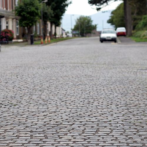 The setts at the junction of Eden Street and Criffel Street in Silloth on Solway, Cumbria, UK