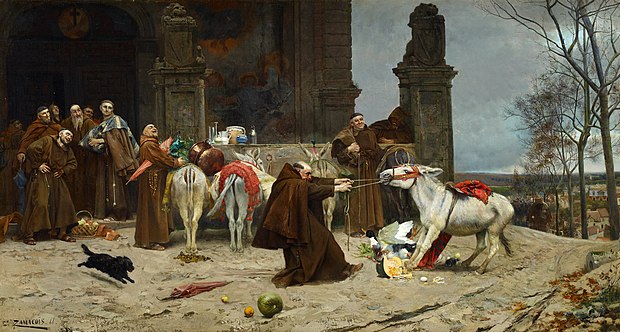 Return to the Convent, by Eduardo Zamacois y Zabala, 1868. A group of monks laugh while a lone monk struggles with a donkey.