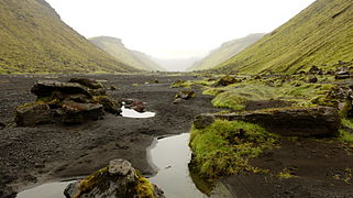 The Eldgjá eruption in the fissure system of Katla took place around 930 AD and created an open eruption fissure extending some 30 km in northeastern direction from under Mýrdalsjökull