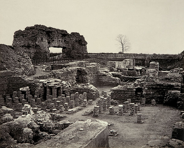 Roman ruins at Viroconium Cornoviorum, photographed during excavation by Francis Bedford and digitally restored. According to English Heritage, the ph