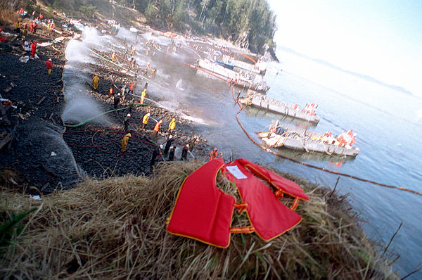 U.S. Navy landing craft anchored ashore as numerous personnel position hoses during oil clean-up efforts on Smith Island on May 11, 1989