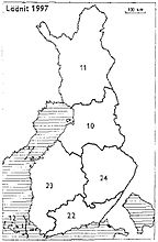 1997 10: Uleåborg, 11: Lappland, 12: Åland, 22: Södra Finland, 23: Västra Finland, 24: Östra Finland