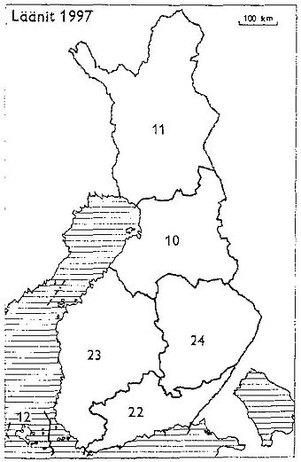 Provinces of Finland 1997: 10: Oulu, 11: Lapland, 12: Åland, 22: Southern Finland, 23: Western Finland, 24: Eastern Finland