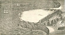 The Fortress of Sagres - ill. from O Panorama n. 71 based on the engraving of Drake's men. Fortaleza de Sagres - Panorama 71 1843.jpg