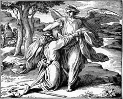 God has sent an angel to Jacob. (illustration from the 1897 Bible Pictures and What They Teach Us by Charles Foster) Foster Bible Pictures 0047-2 Jacob Wrestled with an Angel.jpg