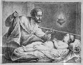 Guéhazi tente de réveiller le fils de la femme sunamite avec l'aide d'Élisée, gravure de Bernhard Rode avant 1780.