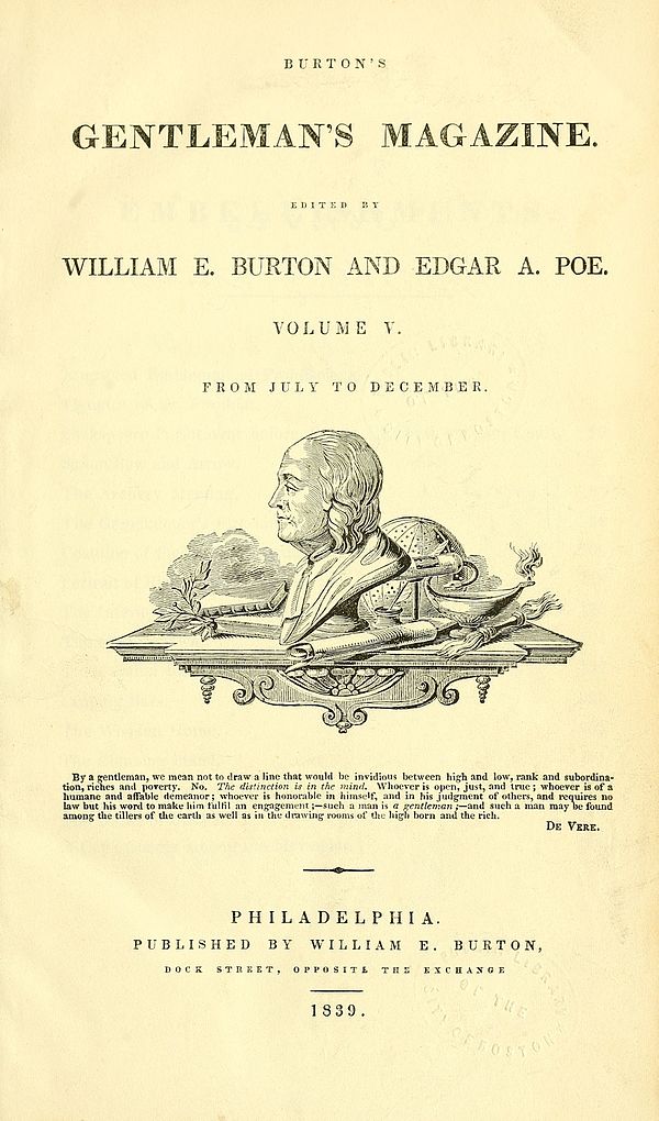 Frontispiece for Volume 5 (July–December 1839) of Burton's Gentlemen's Magazine, listing both Burton and Poe as editors