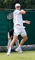 Giovanni Lapentti competing in the first round of the 2015 Wimbledon Qualifying Tournament at the Bank of England Sports Grounds in Roehampton, England. The winners of three rounds of competition qualify for the main draw of Wimbledon the following week.