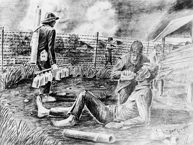 A former POW's drawing of one prisoner giving a drink to another at the Cabanatuan camp