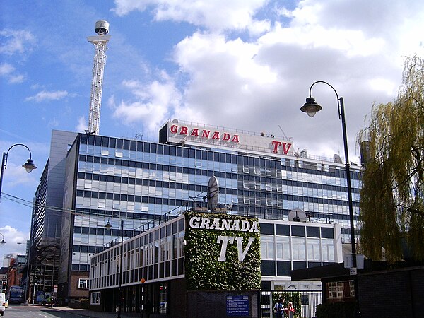 Granada Studios with the red logo and lattice broadcasting tower on the roof – both of which were removed