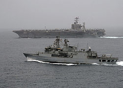 HMNZS Te Mana (F111) alongside USS Abraham Lincoln (CVN 72), 30 July, 2008