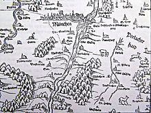 München und Südumgebung mit Hachinger Bach rechts. Ausschnitt aus einer Karte von Philipp Apian: Bairische Landtafeln (1568). Am unteren Bildrand Deisenhofen. Versickerung in der Perlacher Haid.