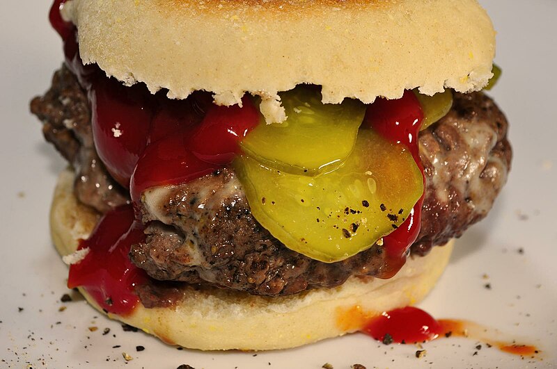 File:Hamburger with ketchup and pickle.jpg