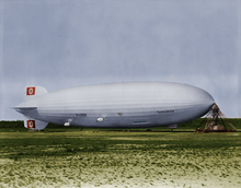 The LZ 129 Hindenburg was the largest airship ever built and was destroyed in 1937. Hindenburg at lakehurst colorized.png