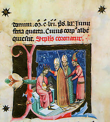 Štěpánova korunovace na dobové miniatuře (Chronicon Pictum).