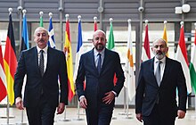 Nikol Pashinyan, Ilham Aliyev and President of the European Council Charles Michel in Brussels, 14 May 2023 Ilham Aliyev held meeting with President of European Council and Prime Minister of Armenia in Brussels 03.jpg