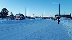 The snowy main road 4 (E75) in the Inari village
