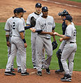 Image 5Pitchers are generally substituted during mound visits (team gatherings at the pitcher's mound). (from Baseball rules)