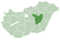 English: Jász-Nagykun-Szolnok county (dark green) and Szolnok (black dot)