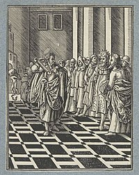 "Jeremiah appears before King Zedekiah with a wooden yoke" (Jeremiah 27-28). Christoffel van Sichem (1645-1646) Jeremia en het juk van Babylonie, RP-P-2015-17-127-3.jpg