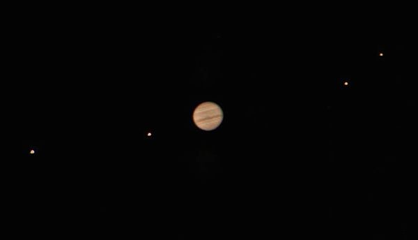 Jupiter and the Galilean moons as seen through a 25 cm (10 in) Meade LX200 telescope