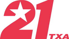 A red italic "21" in a sans serif. The top counter of the 2 is cut to feature a star shape integrated into the design. The letters "TXA", also italicized and in a sans serif, are in smaller text to the lower right.