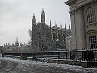King's College Chapel in the snow from the north of King's Parade.