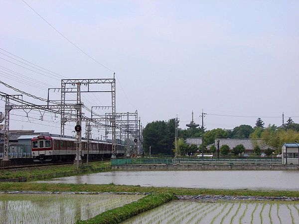 A Kashihara Line train passing Yakushi-ji temple