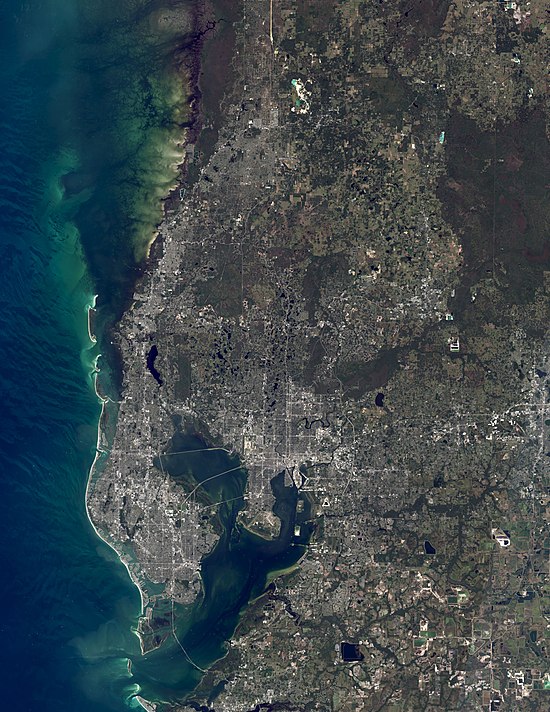 A natural color satellite image of the Tampa Bay Metropolitan Statistical Area. Composite image created from November 2019 imagery with NASA