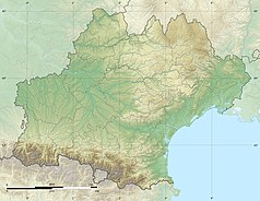 Mapa konturowa Oksytanii, na dole nieco na prawo znajduje się punkt z opisem „Park regionalny Narbonnaise en Méditerranée”