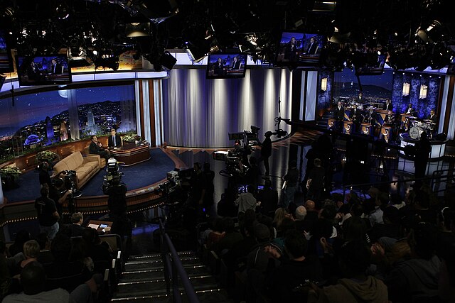 View from an audience seat of a late night talk show