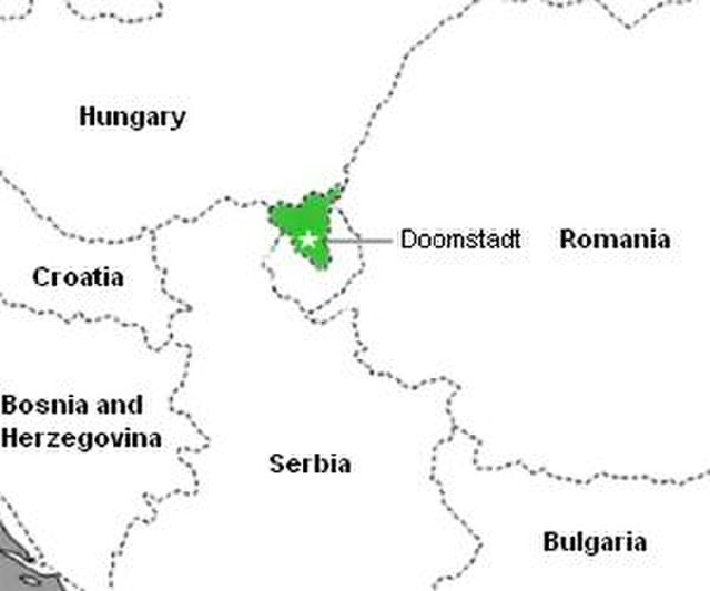 A rendition of the nation of Latveria (in green) and its capital Doomstadt. Symkaria borders along the south.