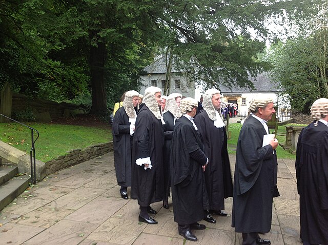 Barristers (short wig) and King's Counsels (in full ceremonial dress with long wig)
